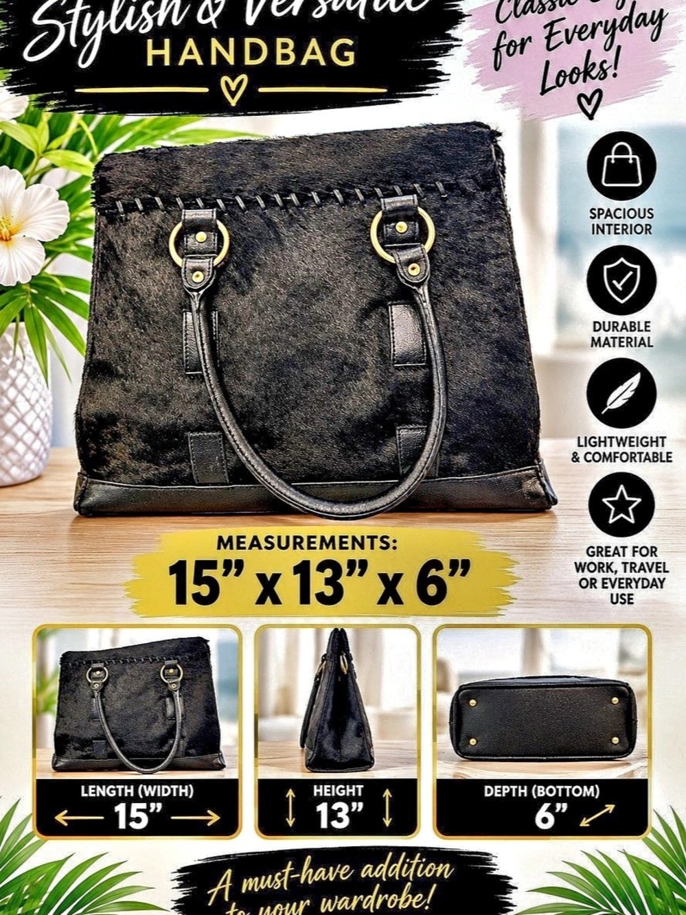 Nine West Black Tote Bag double handles 15 x 13 c 6”